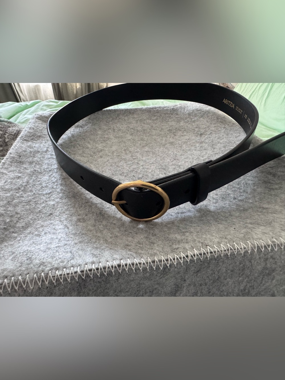 Aritzia Black Leather Belt with Gold Round Buckle